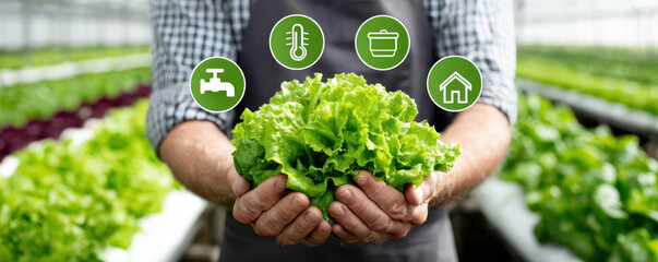 Sustainable Agriculture And Smart Farming Farmer Holding Fresh Lettuce In Greenhouse With Climate Control Technology And Hydroponics System