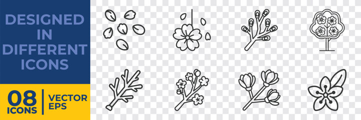Fototapeta premium A collection of 8 minimalist vector icons featuring various plants and flowers, designed in a flat line art style for graphic use.