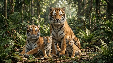 Obraz premium A family of four tigers, two adults and two cubs, resting in a dense, green jungle with lush foliage and trees.