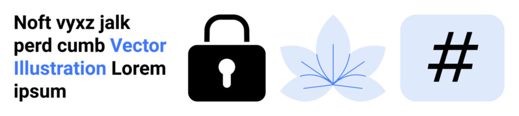 Obraz premium Padlock representing security, a minimal floral design signifying nature, and a metadata tag symbol for social media trends. Ideal for technology, branding, eco concepts, safety, creativity, social