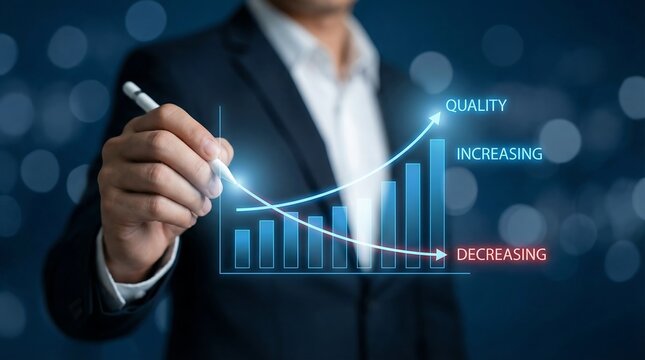 A professional businessman uses a digital pen to interact with a holographic bar chart, illustrating increasing quality and decreasing trends on a blue background.