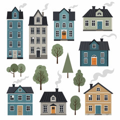 Charming Scandinavian houses with trees and smoke create cozy village illustration © Chelsea
