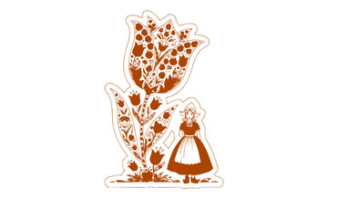 Obraz premium Dutch Flower Girl with Giant Tulip Silhouette, Netherlands Heritage Vector Sticker, European Folk Art and Floral History