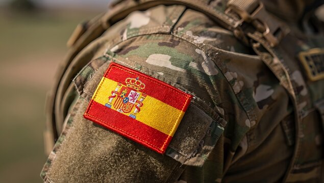 A Spanish military soldier wearing a camouflage uniform with a flag patch on their shoulder