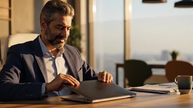 Focused executive initiating or concluding his workday, closing a portable computer in a bright, sophisticated office overlooking an urban landscape
