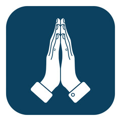 Hands together in prayer or greeting isolated on blue square background icon