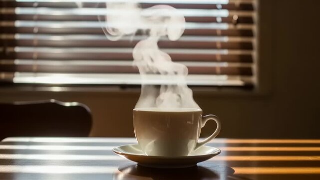 Steaming Coffee Cup on Wooden Table.