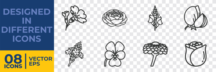 A collection of 8 minimalist flat vector floral illustrations, including flowers, buds, and leaves in line art style for graphic design.