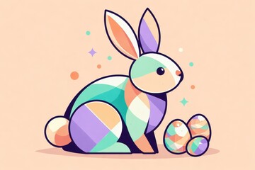 Obraz premium Cute geometric Easter bunny with colorful eggs and pastel background