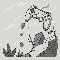Retro Style Video Game Controller Levitating Above Rocks and Foliage, Nostalgic Gaming Illustration © Pop