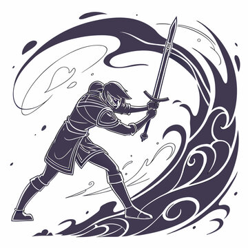 Warrior Swinging Sword Through Dark Swirling Energy Waves in Dynamic Illustration