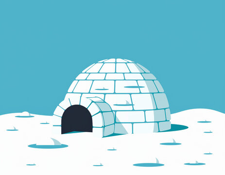 Illustration of an igloo in the snowy landscape viewed from the front with ice blocks surrounding it