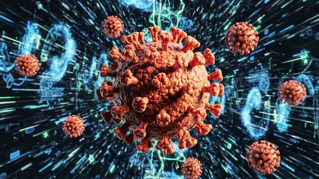 Microscopic virus particles float through a complex digital data stream