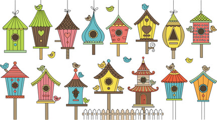 Obraz premium Colorful Decorative Birdhouse Collection with Cute Birds Hanging Wooden Nest Boxes Cartoon Style Vector Illustration Set