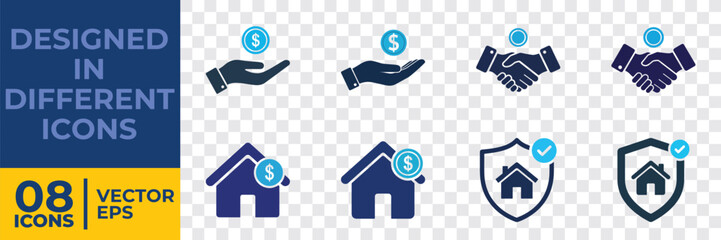 A collection of 8 flat vector icons illustrating finance, real estate, and security concepts in a minimalist style, ideal for graphic design projects.