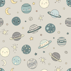 Adorable universe pattern with colorful planets stars and gentle friendly expressions © Chelsea