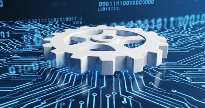 A visually striking 3D rendered animation features a pristine white gear rotating smoothly on a luminous blue circuit board, set against a backdrop of abstract binary code. This dynamic motion graphic