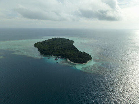 Aerial view of a verdant island oasis surrounded by a gradient of turquoise shallows fading into the deep blue sea at Menjangan Kecil Island, Karimunjawa, Indonesia.