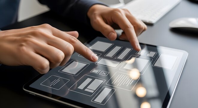Close-up of a hand operating a tablet, featuring a free mockup tool with blank UI placeholder