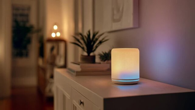 Smart speaker placed on a hallway console softly glowing while generating customizable white noise to muffle distant conversations and vibrations.
