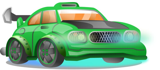 Futuristic Green Cartoon Sports Car with Neon Lights and Motion Glow Vector Illustration © Studio Opgetakeld
