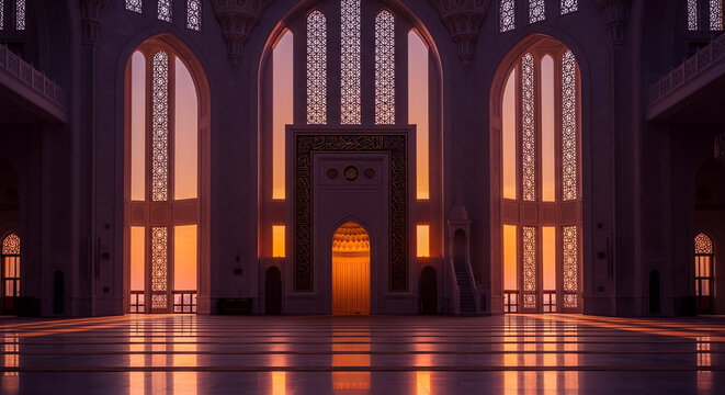 Mosque Interior at Sunset with Arches and Ornate Details