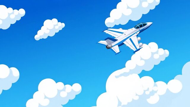 A sleek white and blue jet plane soars through a vibrant blue sky with f white