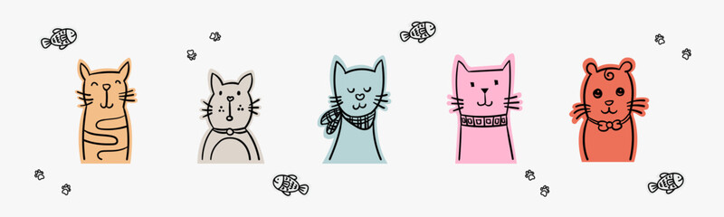 Cute colorful cat illustration with five cartoon cats and fish elements perfect for kids decor nursery prints and playful designs minimal doodle style © Needless