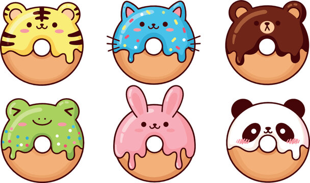 Cute Animal Donuts Collection with Tiger, Cat, Bear, Frog, Bunny and Panda Cartoon Vector Illustration Set