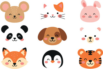 Fototapeta premium Cute Animal Face Collection with Bear Cat Bunny Panda Dog Fox Penguin and Tiger Cartoon Vector Illustration Set