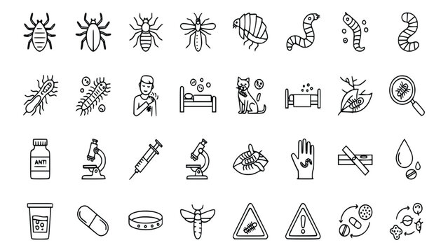 Collection of simple vector icons depicting various insects and parasites for educational or health-related themes with related medical and scientific elements in a clean and minimalist style.