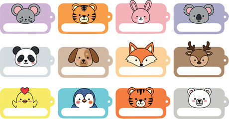 Fototapeta premium Cute Animal Name Tags Collection with Mouse Tiger Bunny Koala Panda Fox and Cartoon Label Vector Illustration Set