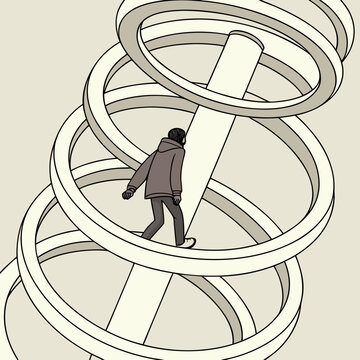 Man Walking Up Impossible Staircase Illusion, Abstract Geometric Shapes, Surreal Concept, Decision Making