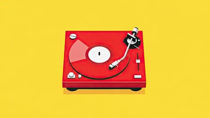 Red turntable on yellow background illustration for music and audio concepts