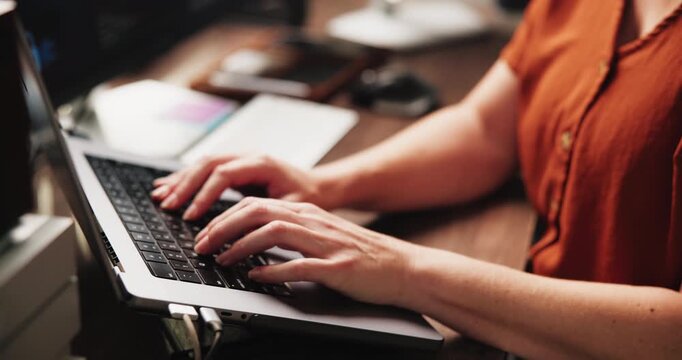 Hands, woman and typing with laptop in office for research, email editor and editing story. Journalist, tech and proofreading submission with draft update, copywriting report and article publication