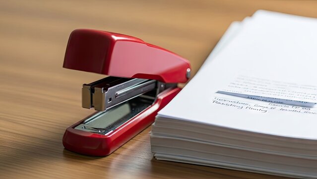 Red stapler and paper stack on wooden desk office supplies concept