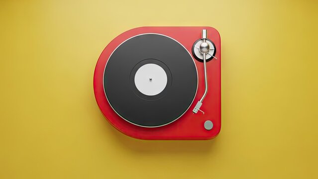 Red turntable on yellow background minimalist design for music and audio