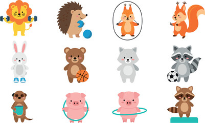 Obraz premium Cute Animal Sports Activities Collection with Lion Bear Pig Raccoon and Bunny Cartoon Vector Illustration Set