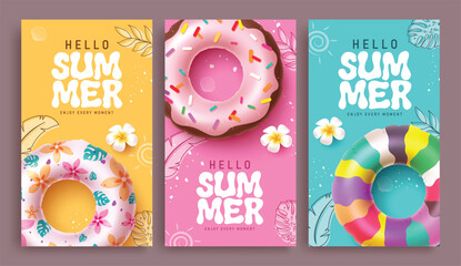 Hello Summer greeting clipart poster set. Hello Summer greeting text clip art with floater, flower and drawing tropical leaves in colorful abstract background for vacation holiday fliers design  © Zeinous