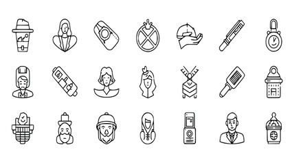 Collection of 28 high-quality outline icons with diverse designs for various applications and fully qualitee sublection prompts set in a clean and minimalist layout.