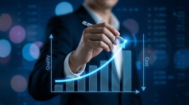 A businessman holding a stylus pen, interactively demonstrating a virtual holographic bar graph showing increasing quality and decreasing cost, symbolizing business improvement and efficiency.