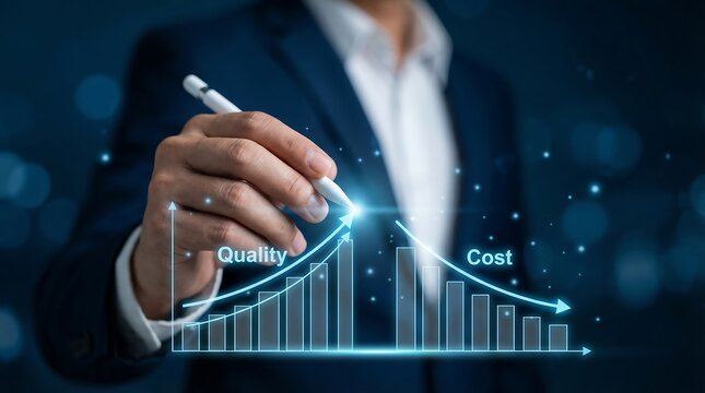 A businessman holding a stylus pen, interactively a detailed virtual holographic bar graph showing increasing quality and decreasing cost, symbolizing business improvement and efficiency.