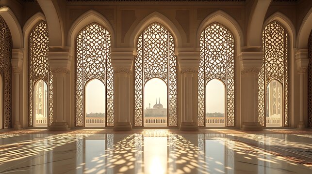 Elegant Islamic Architecture with Intricate Patterns and Beautiful Sunlight Streaming Through Windows
