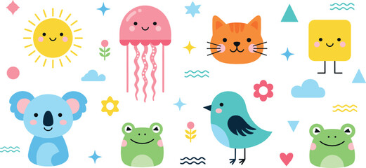 Cute Cartoon Animal and Nature Characters Collection with Sun Jellyfish Fox Koala Bird Frog and Playful Vector Illustration Set © MdNazmul
