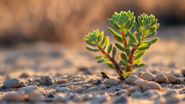 Small Succulent in a Rocky Desert, Bathed in Warm Evening Light