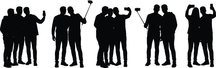 Large collection of young people silhouettes taking selfies with smartphones and selfie sticks isolated on white background for social media and lifestyle vector design.