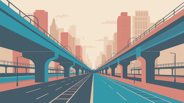 A vibrant cityscape with a modern highway system and urban skyscrapers in the background under a serene sky