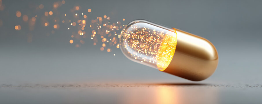 Transparent Bio-active Medical Capsule Releasing Golden Micro-particles for Pharmaceutical Innovation Biotech and Health Awareness Day