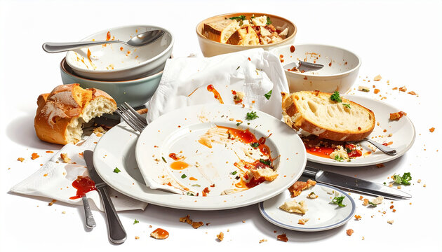 Stack of dirty used plates bowls silverware and crumbs with leftover food scraps and bread on a white isolated background illustrating messy aftermath of a finished meal or dinner party