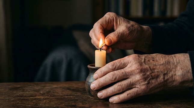 Lighting a Warm Candle in a Rustic Holder by Wrinkled Elderly Hands in a Dimly Lit Room Creating a Peaceful and Contemplative Atmosphere on a Wooden Table